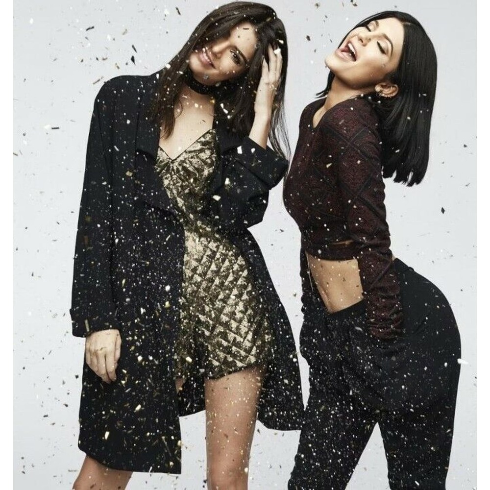 Kendall & Kylie Black Long Coat with Gold Quilted Dress